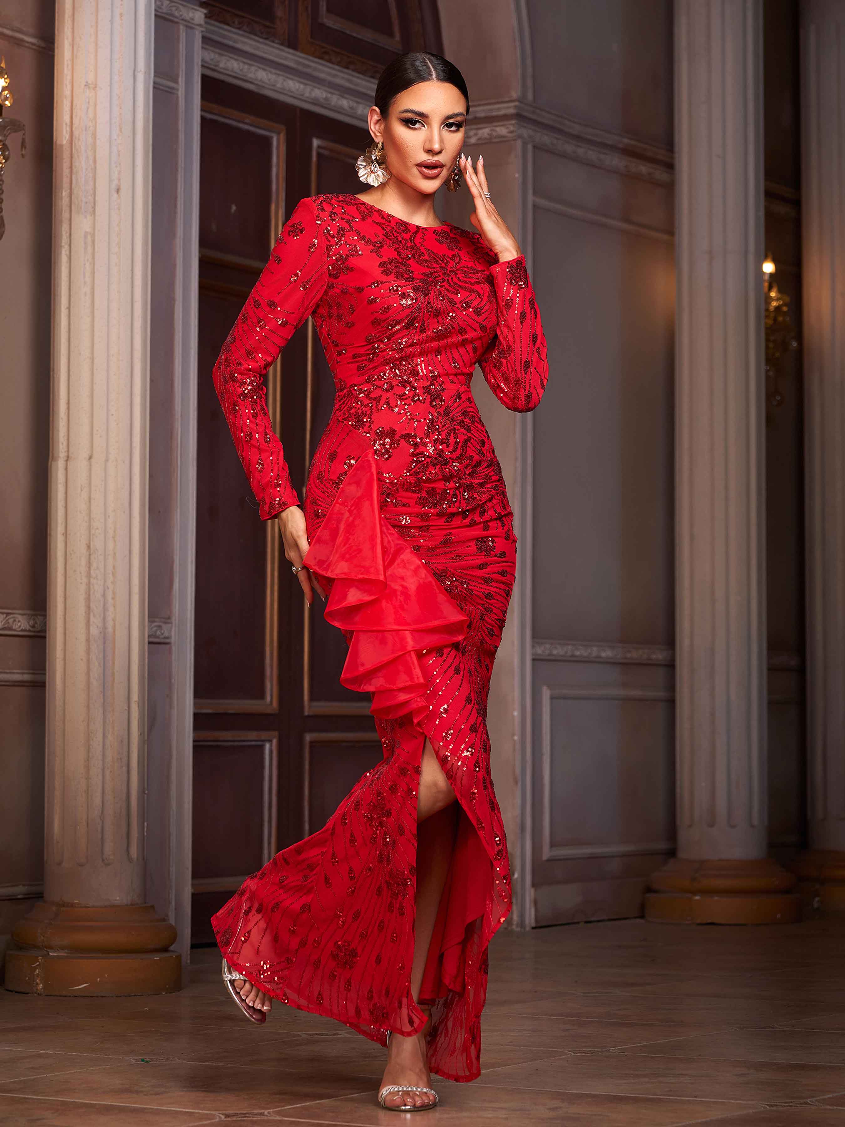 Red Floral Sequin Ruffled Asymmetric Prom Dress