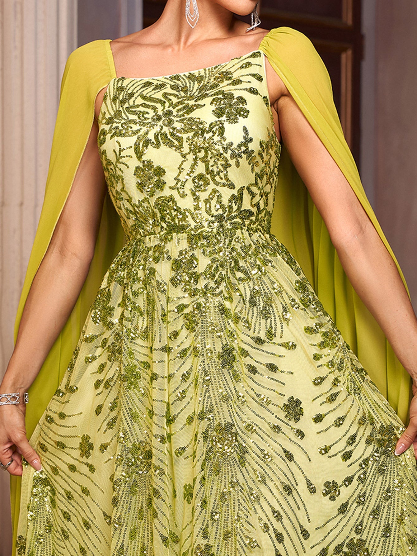 Green Floral Sequin Cape Sleeve Prom Dress