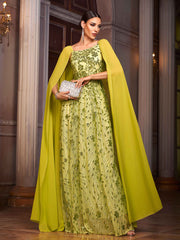 Green Floral Sequin Cape Sleeve Prom Dress