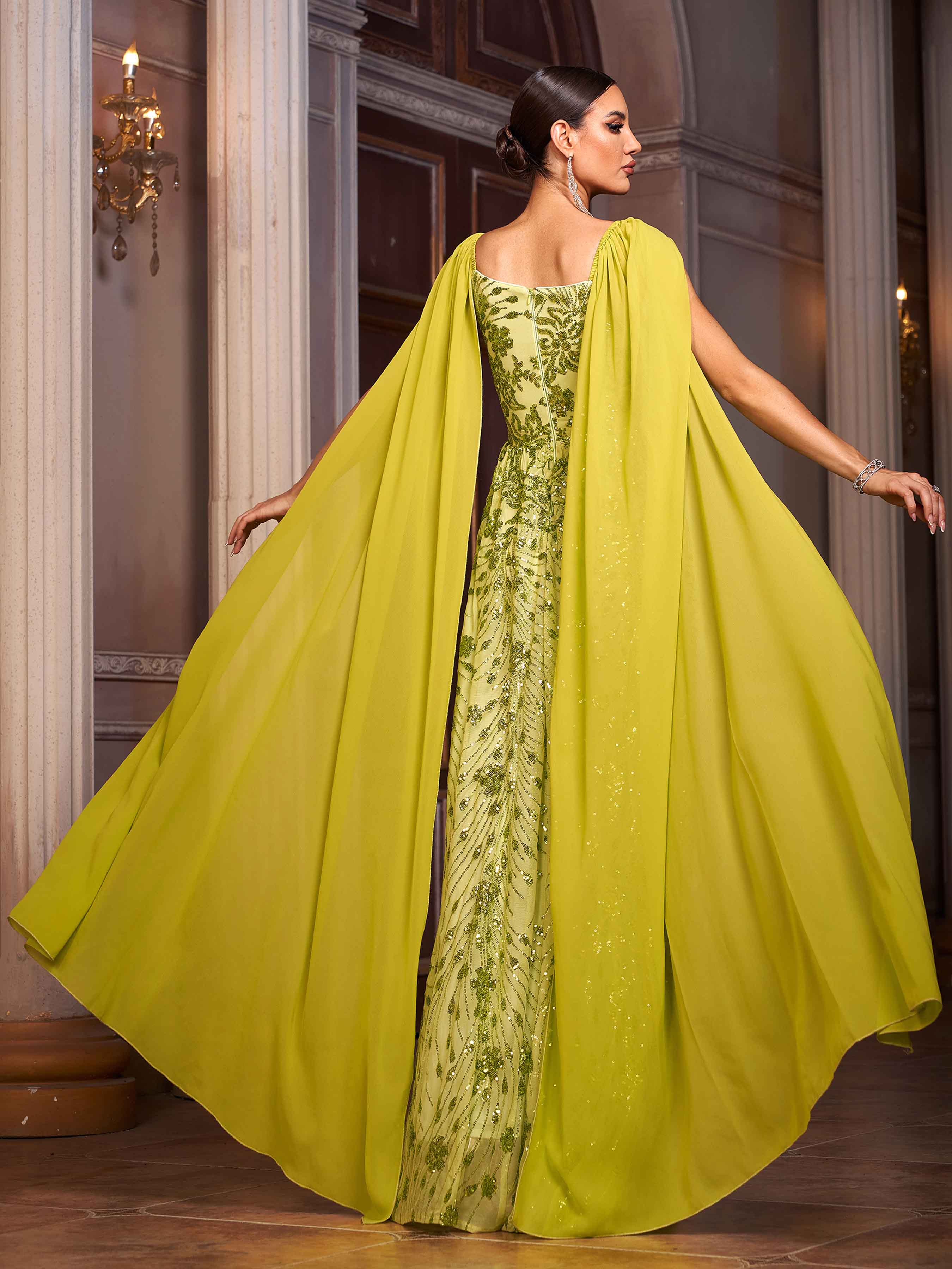 Green Floral Sequin Cape Sleeve Prom Dress