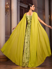 Green Floral Sequin Cape Sleeve Prom Dress