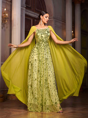 Green Floral Sequin Cape Sleeve Prom Dress