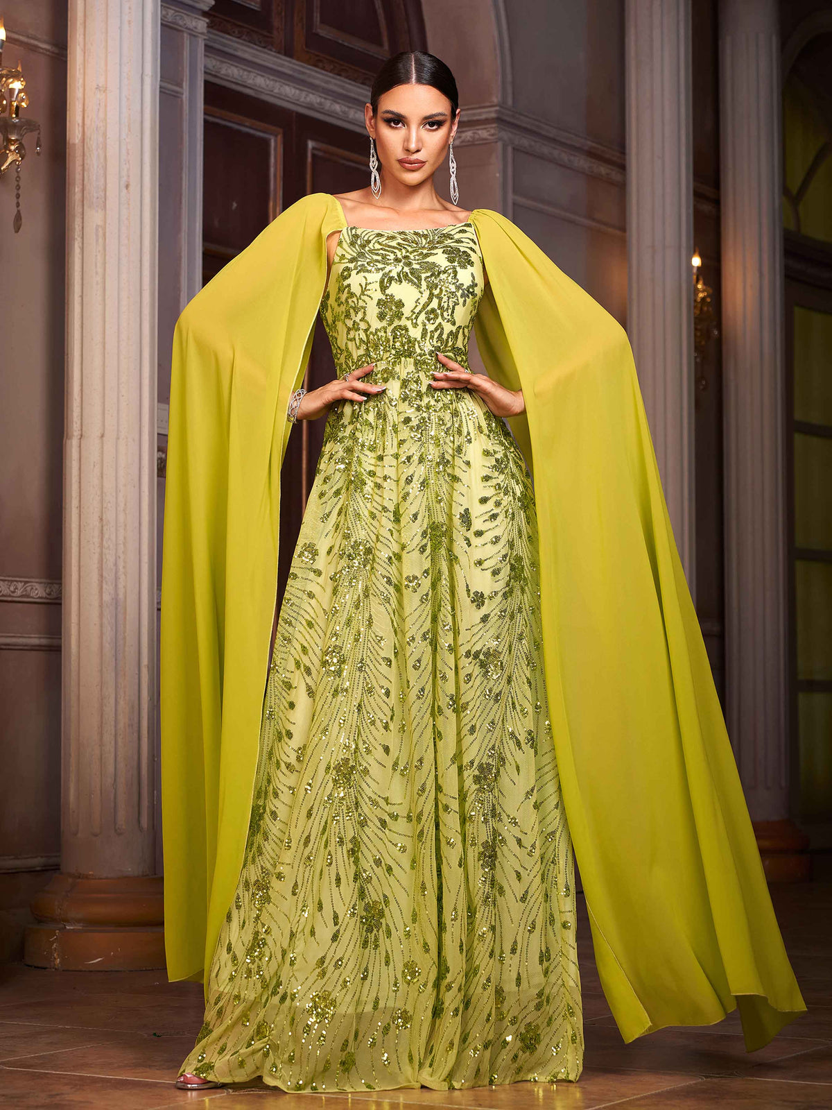 Green Floral Sequin Cape Sleeve Prom Dress