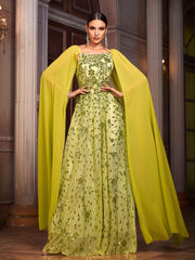 Green Floral Sequin Cape Sleeve Prom Dress