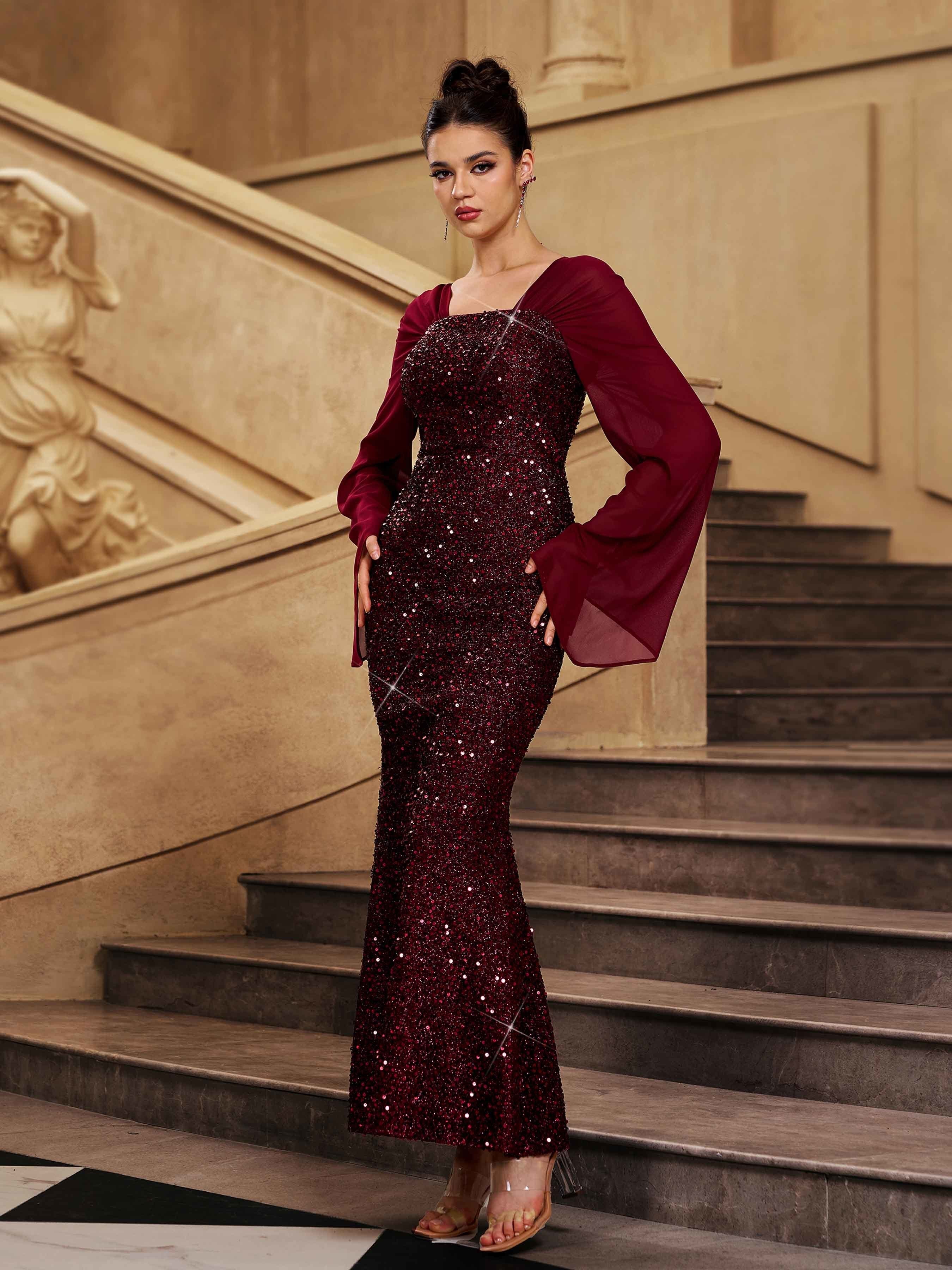 Burgundy Bell Sleeve Sequin Mermaid Prom Dress