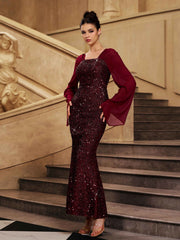 Burgundy Bell Sleeve Sequin Mermaid Prom Dress