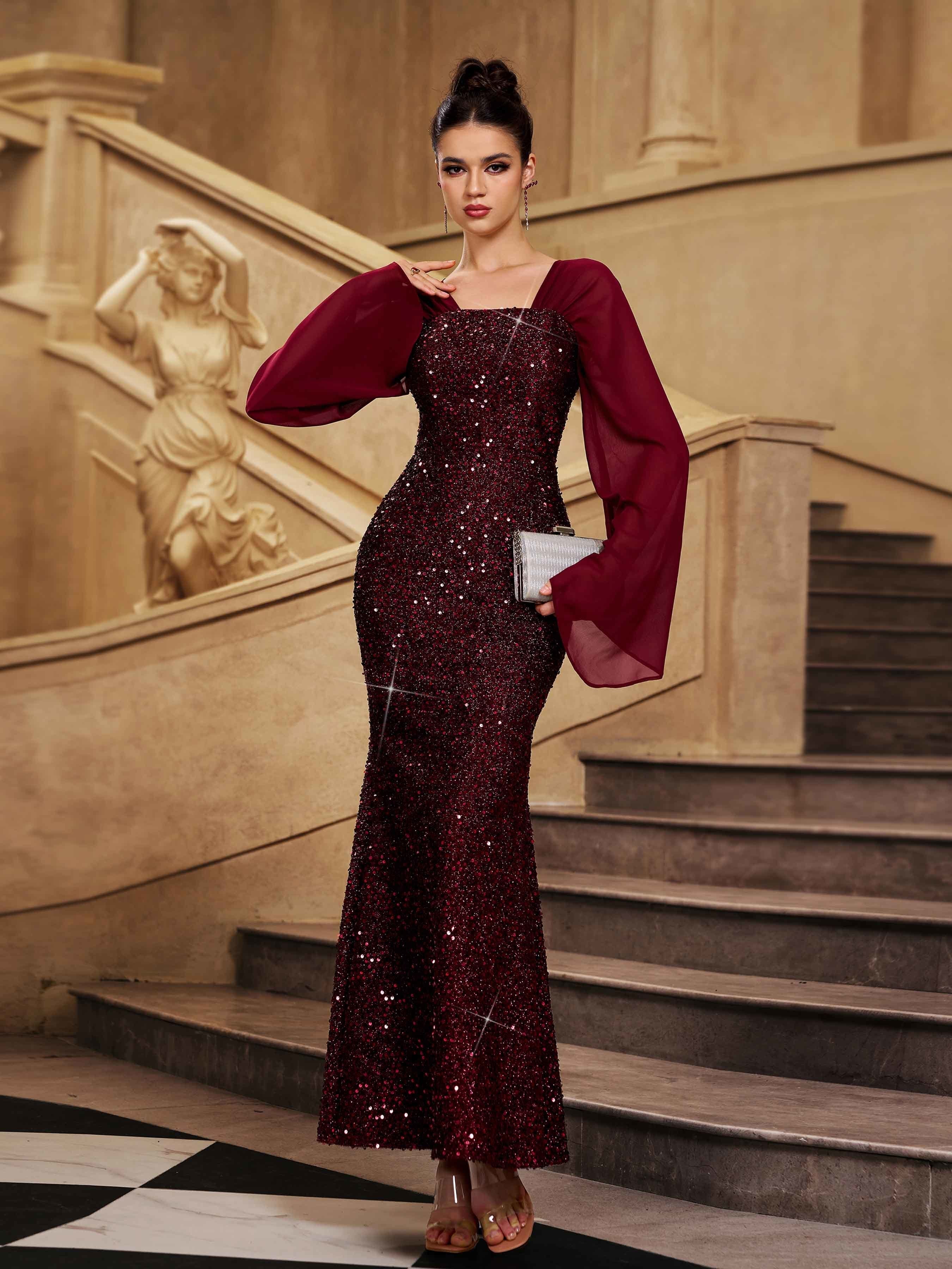 Burgundy Bell Sleeve Sequin Mermaid Prom Dress