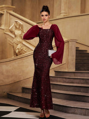 Burgundy Bell Sleeve Sequin Mermaid Prom Dress