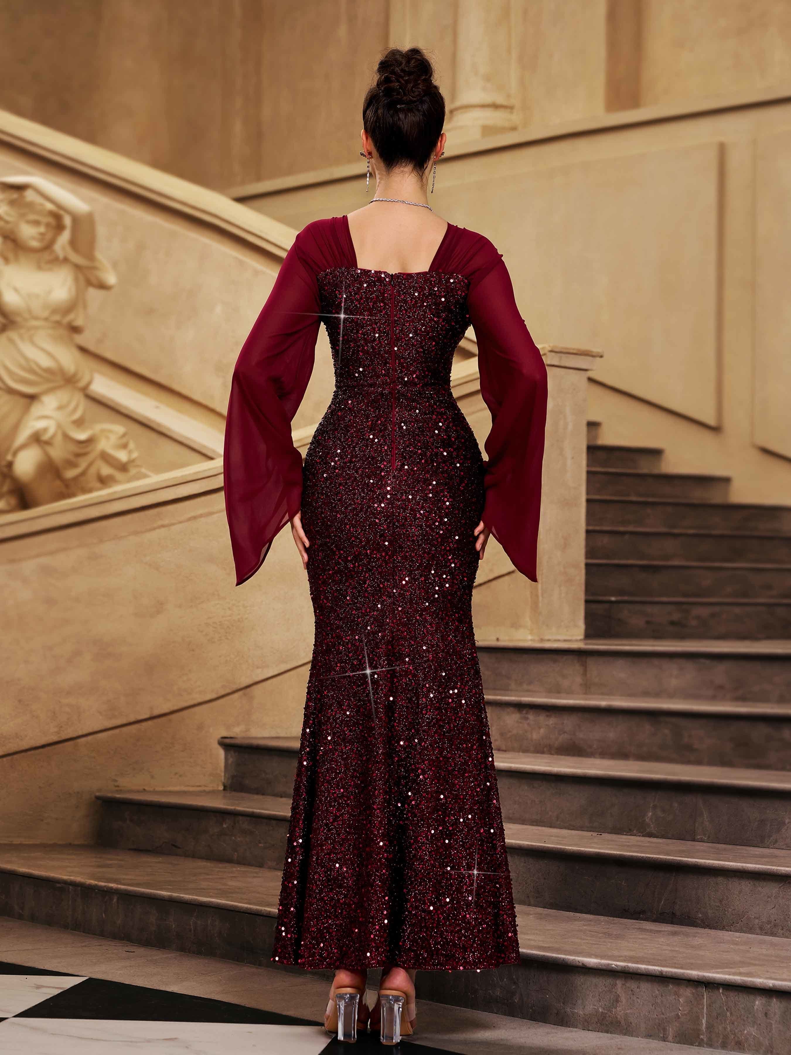 Burgundy Bell Sleeve Sequin Mermaid Prom Dress