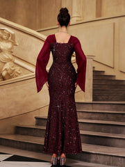 Burgundy Bell Sleeve Sequin Mermaid Prom Dress