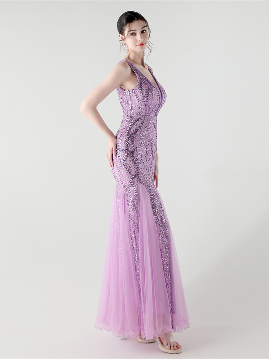 Apricot Sequin Mesh Sleeveless Prom Dress