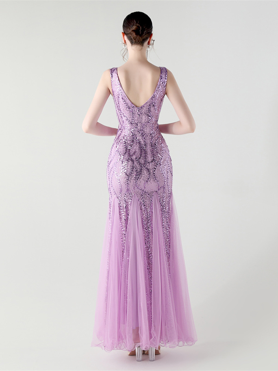 Apricot Sequin Mesh Sleeveless Prom Dress