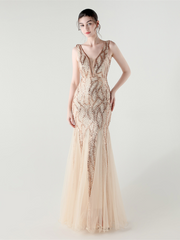 Apricot Sequin Mesh Sleeveless Prom Dress