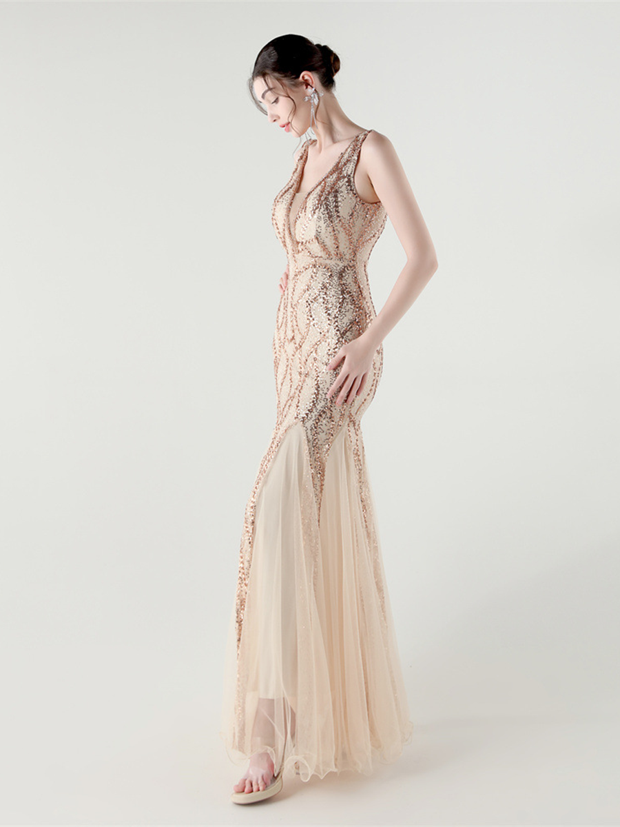 Apricot Sequin Mesh Sleeveless Prom Dress