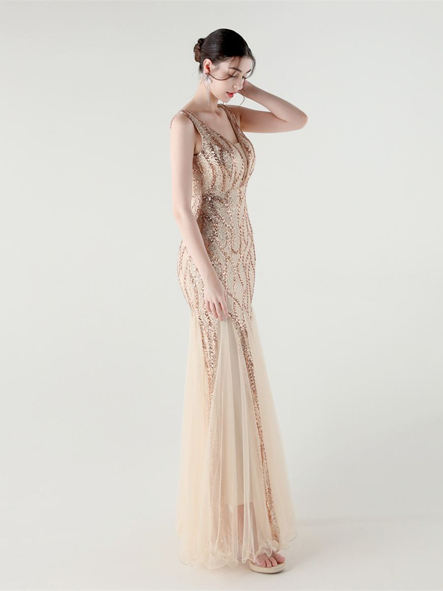 Apricot Sequin Mesh Sleeveless Prom Dress