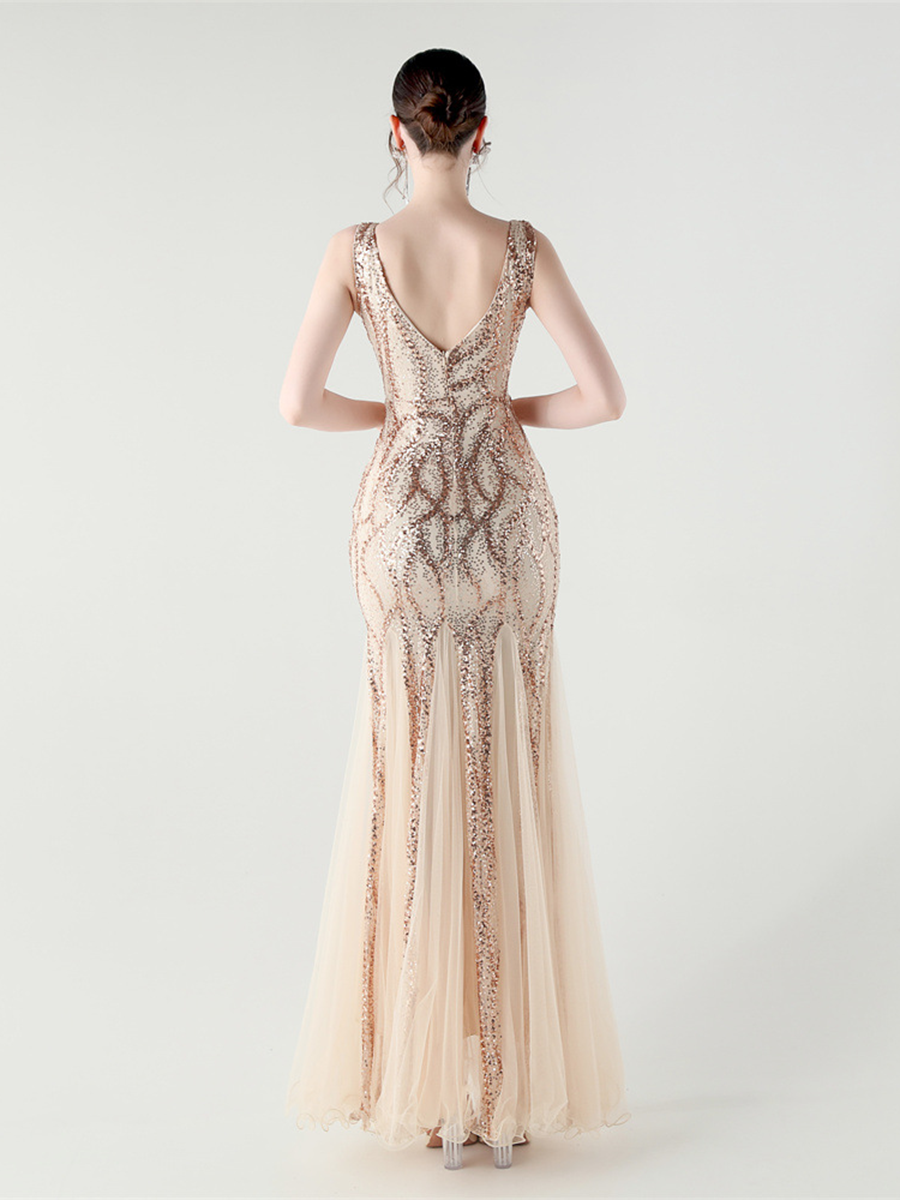 Apricot Sequin Mesh Sleeveless Prom Dress