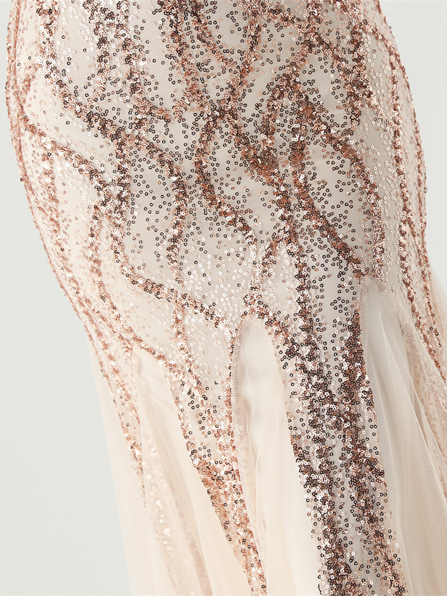 Apricot Sequin Mesh Sleeveless Prom Dress