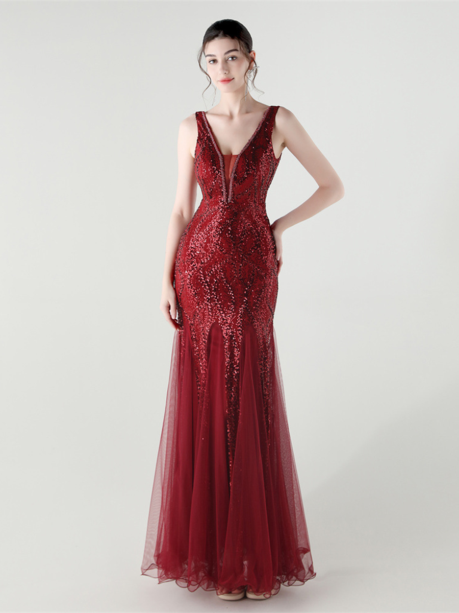 Apricot Sequin Mesh Sleeveless Prom Dress