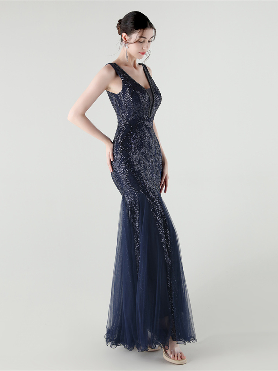 Apricot Sequin Mesh Sleeveless Prom Dress