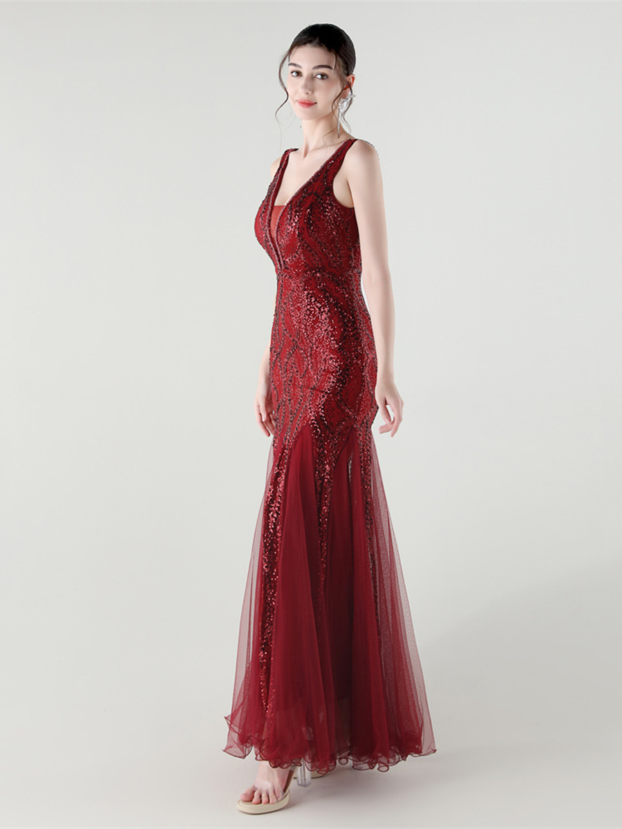 Apricot Sequin Mesh Sleeveless Prom Dress
