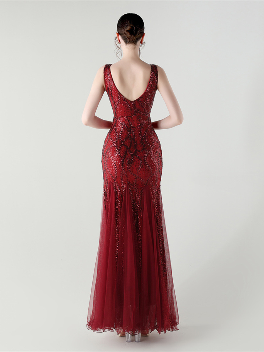 Apricot Sequin Mesh Sleeveless Prom Dress