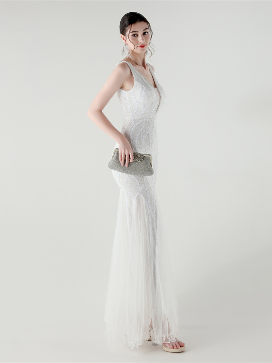 Apricot Sequin Mesh Sleeveless Prom Dress