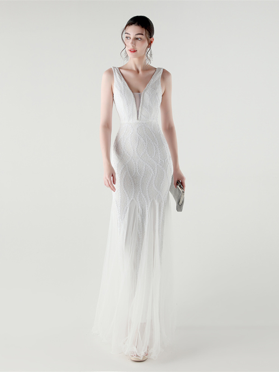 Apricot Sequin Mesh Sleeveless Prom Dress