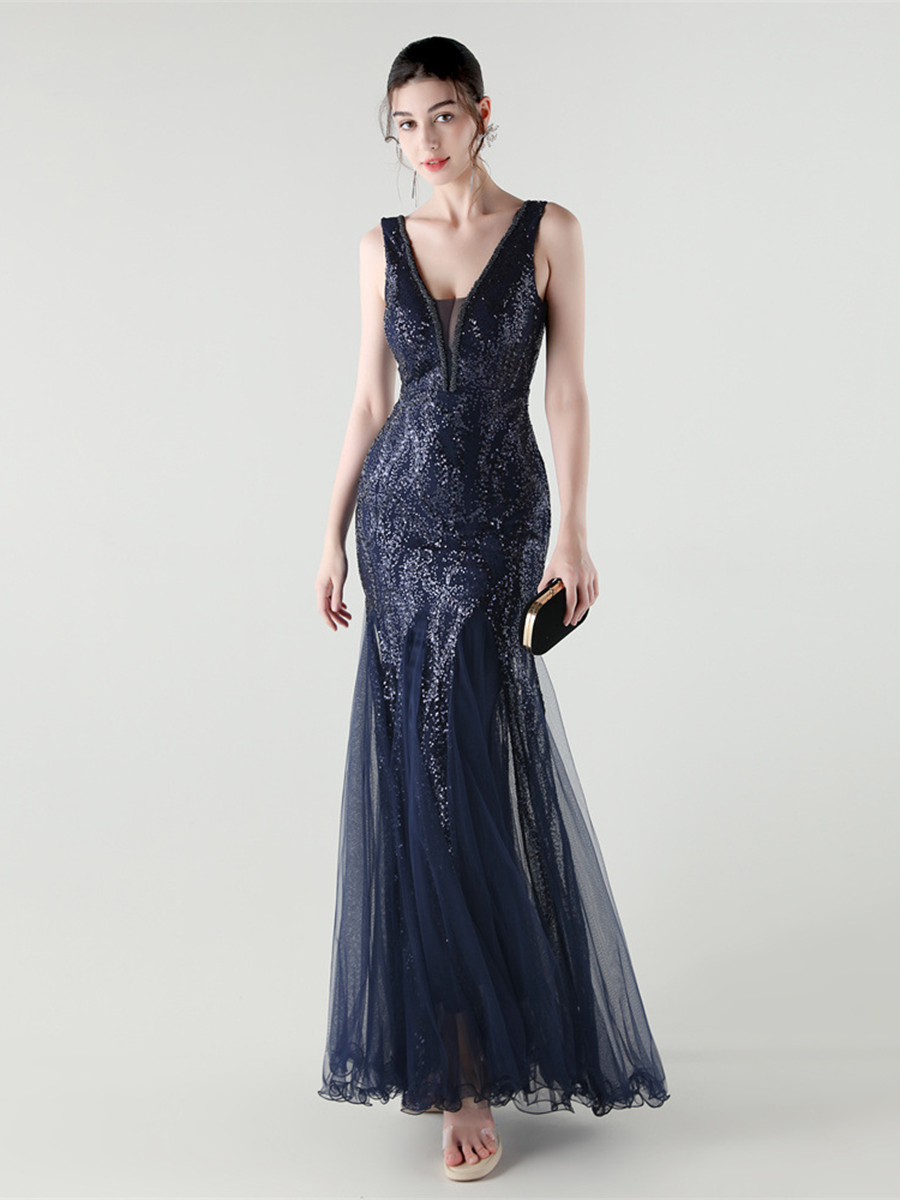 Apricot Sequin Mesh Sleeveless Prom Dress