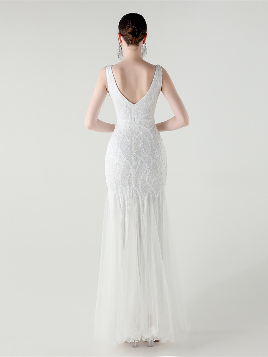 Apricot Sequin Mesh Sleeveless Prom Dress
