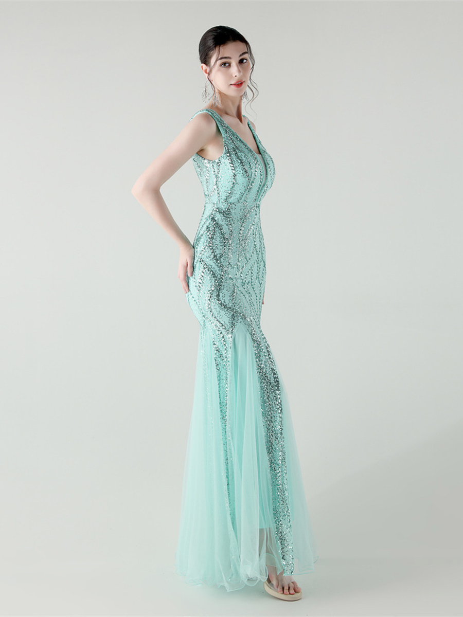 Apricot Sequin Mesh Sleeveless Prom Dress