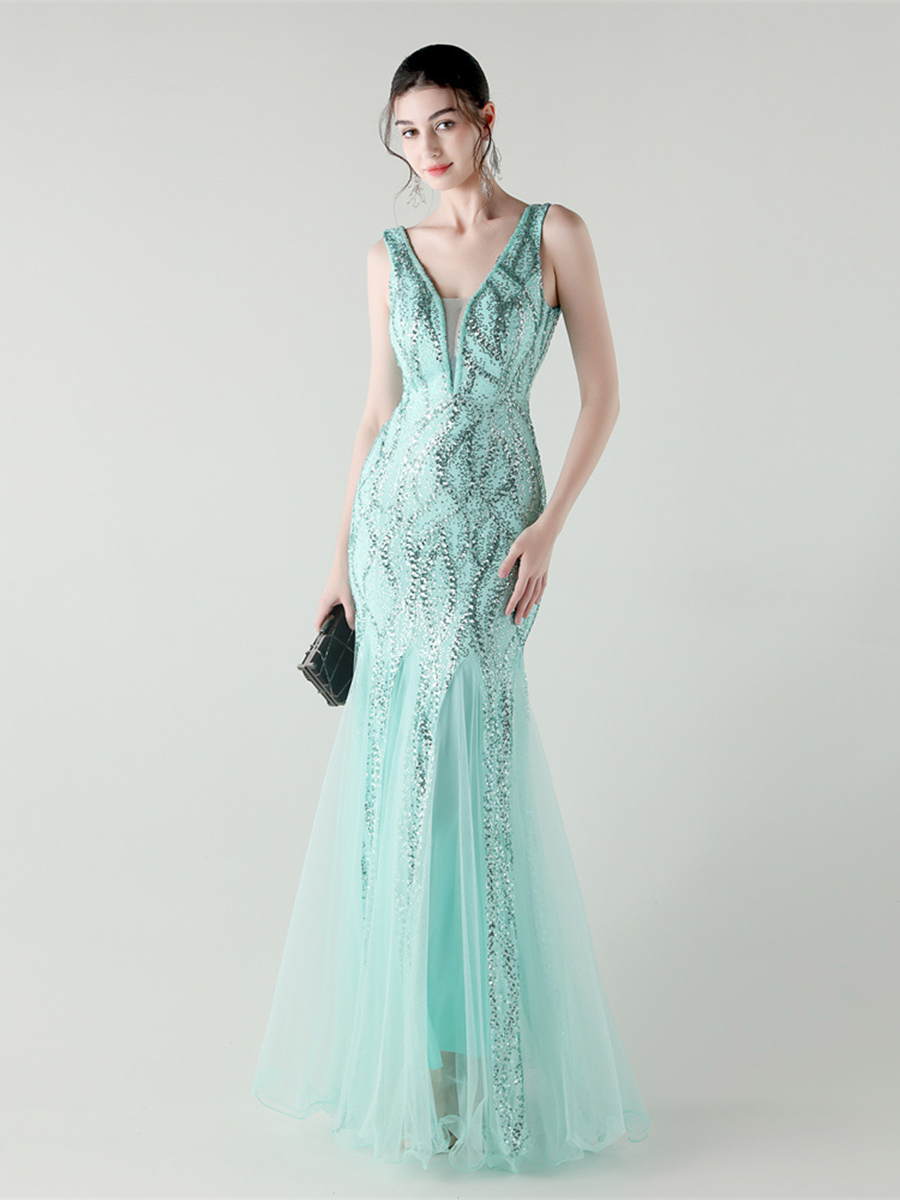 Apricot Sequin Mesh Sleeveless Prom Dress