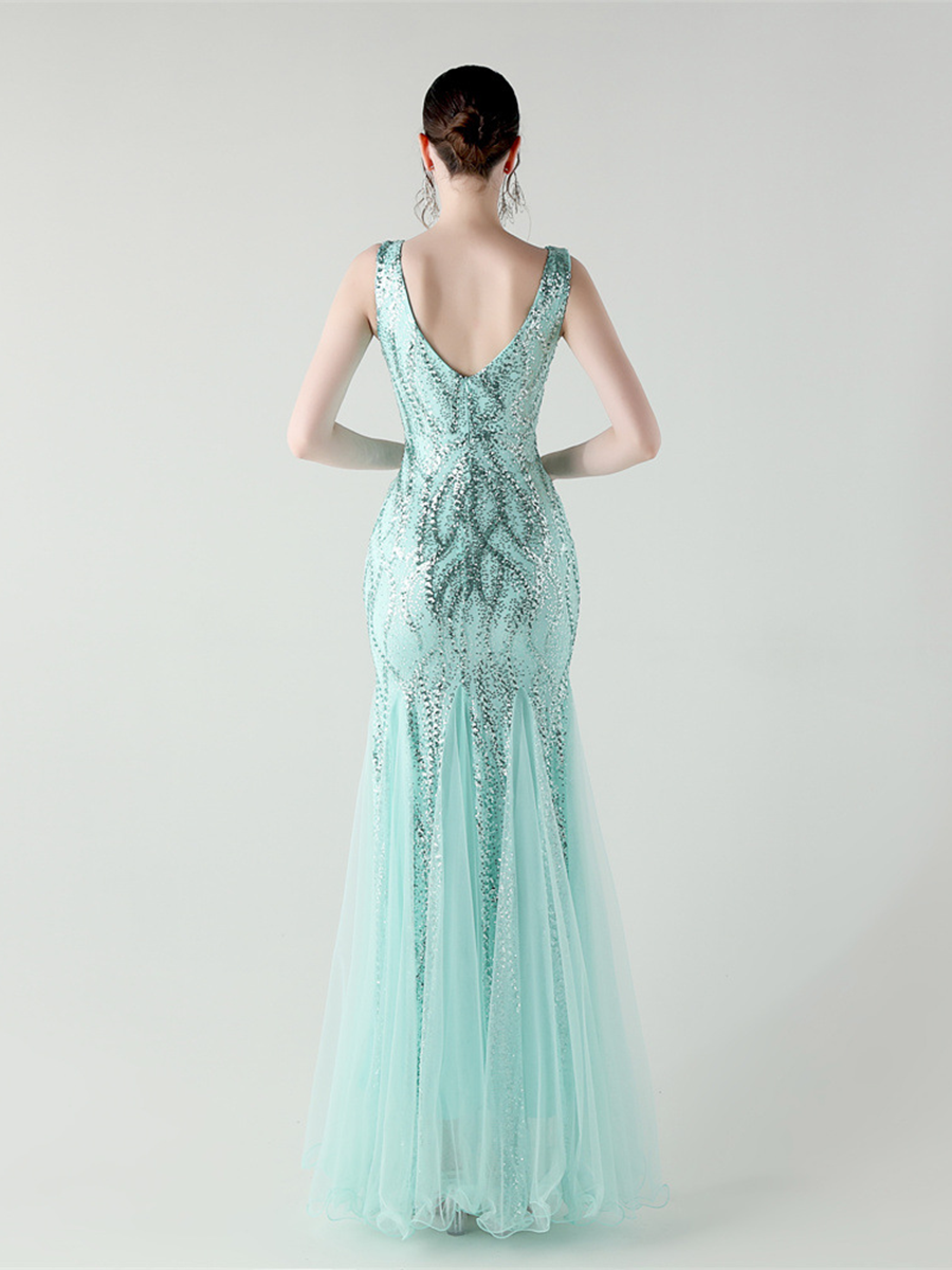 Apricot Sequin Mesh Sleeveless Prom Dress
