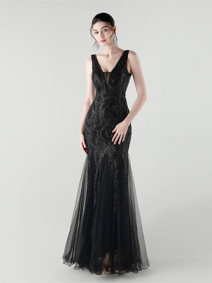 Apricot Sequin Mesh Sleeveless Prom Dress