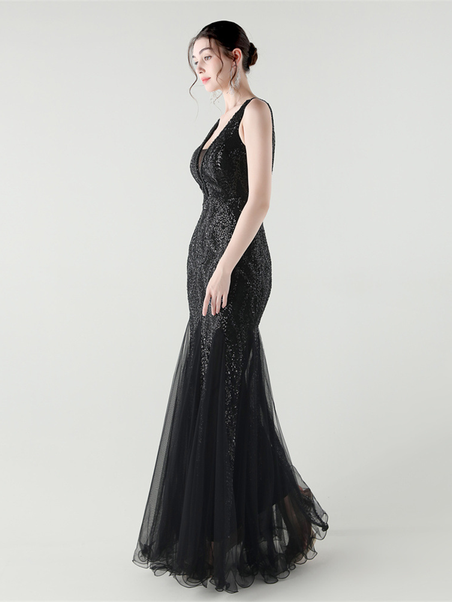 Apricot Sequin Mesh Sleeveless Prom Dress