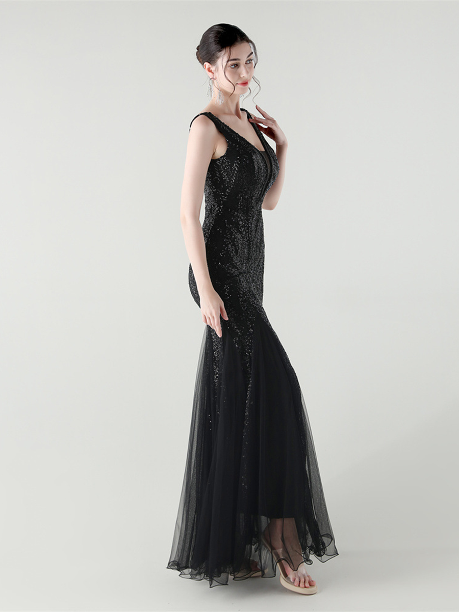 Apricot Sequin Mesh Sleeveless Prom Dress
