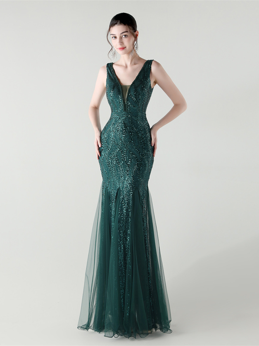 Apricot Sequin Mesh Sleeveless Prom Dress