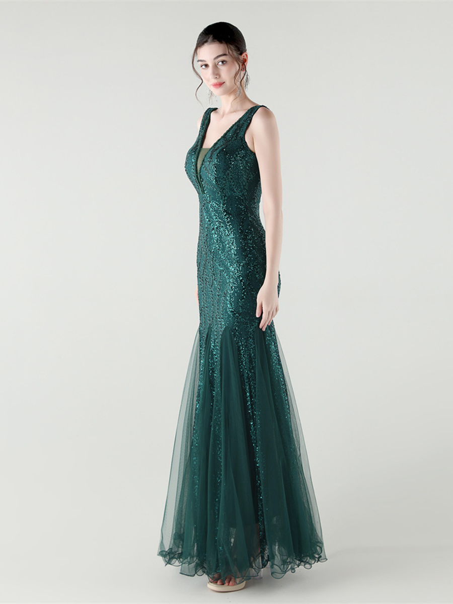 Apricot Sequin Mesh Sleeveless Prom Dress