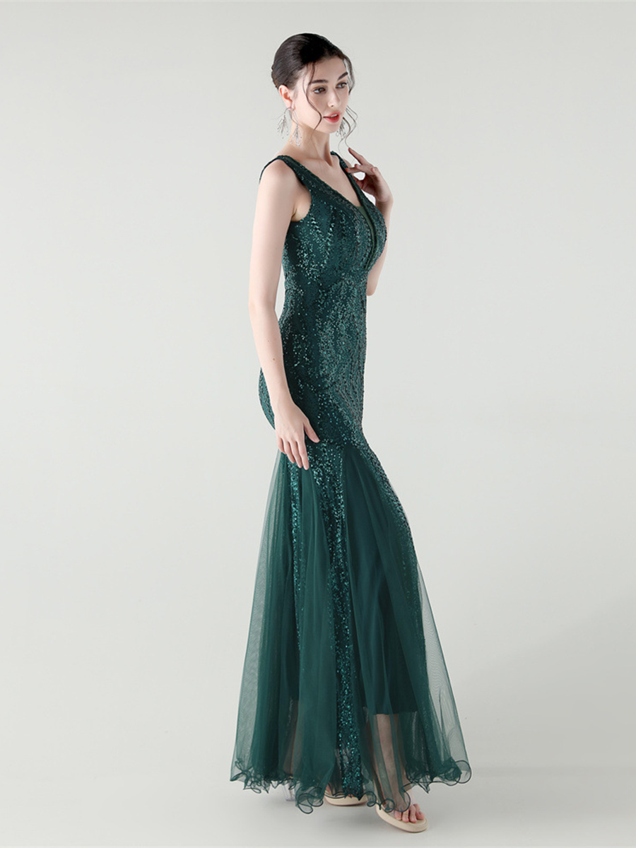 Apricot Sequin Mesh Sleeveless Prom Dress