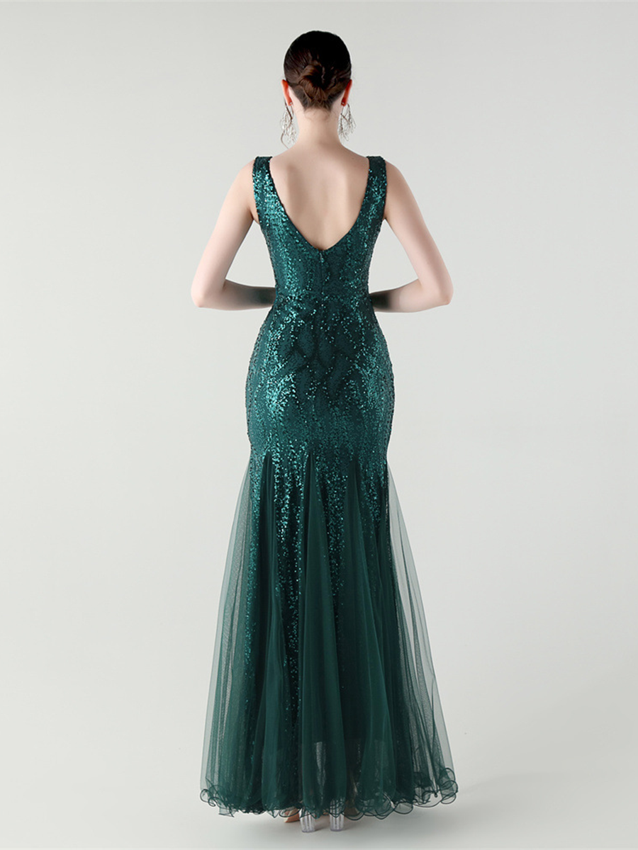Apricot Sequin Mesh Sleeveless Prom Dress