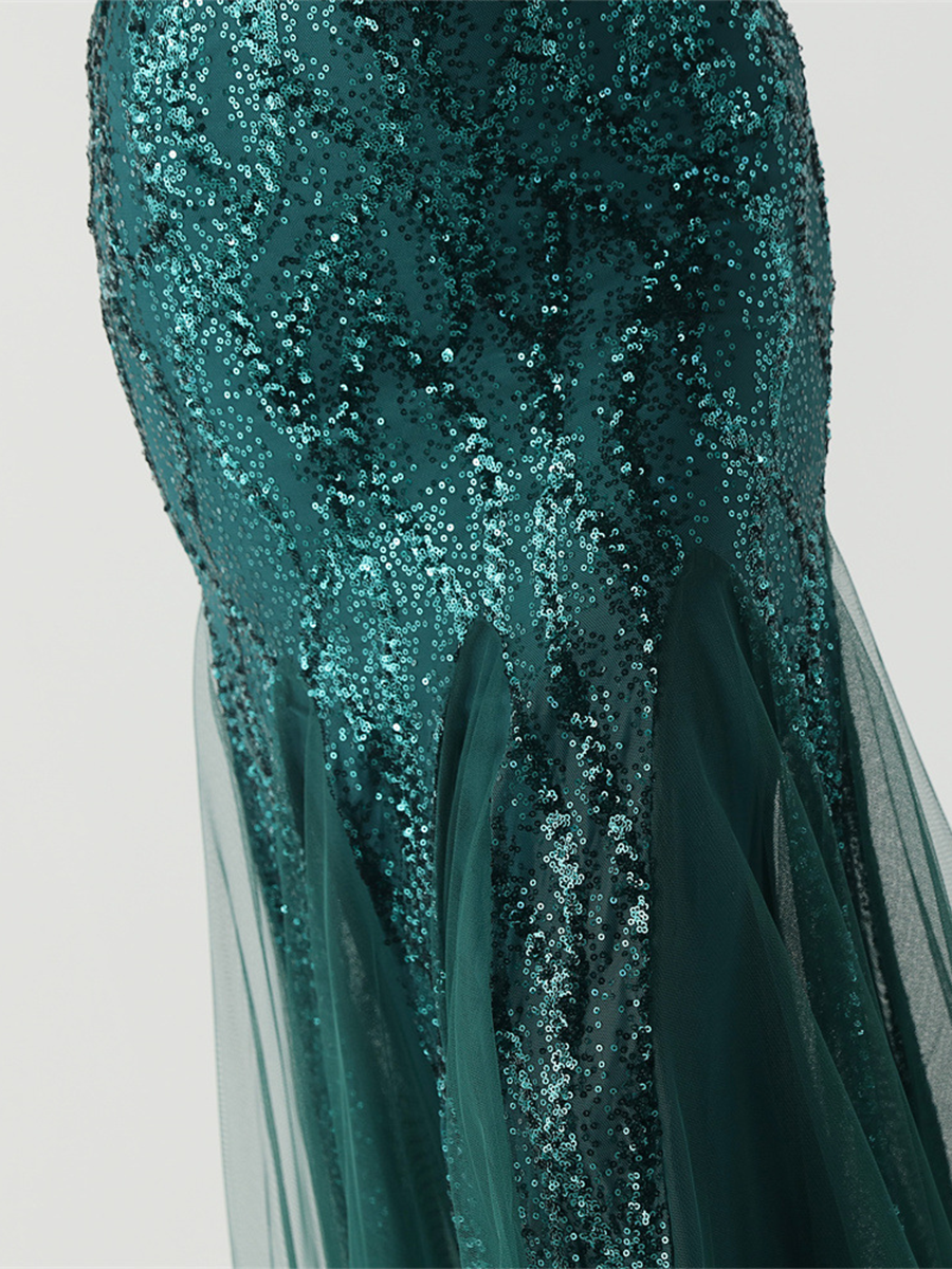 Apricot Sequin Mesh Sleeveless Prom Dress