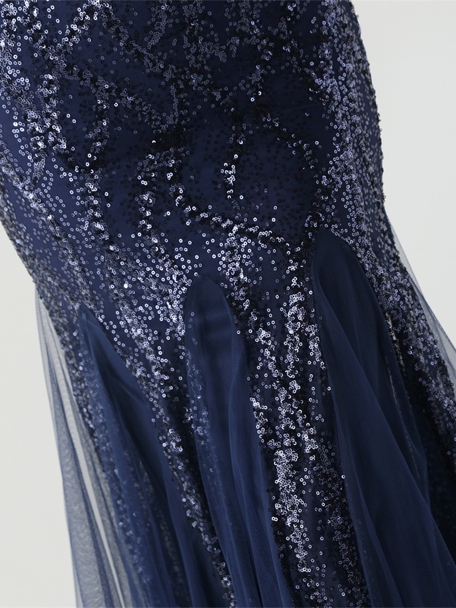 Apricot Sequin Mesh Sleeveless Prom Dress