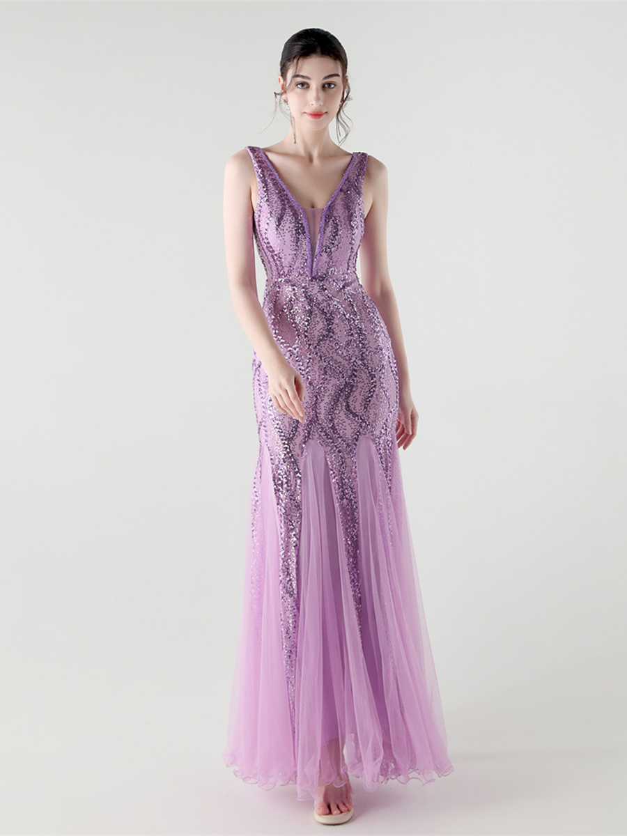 Apricot Sequin Mesh Sleeveless Prom Dress