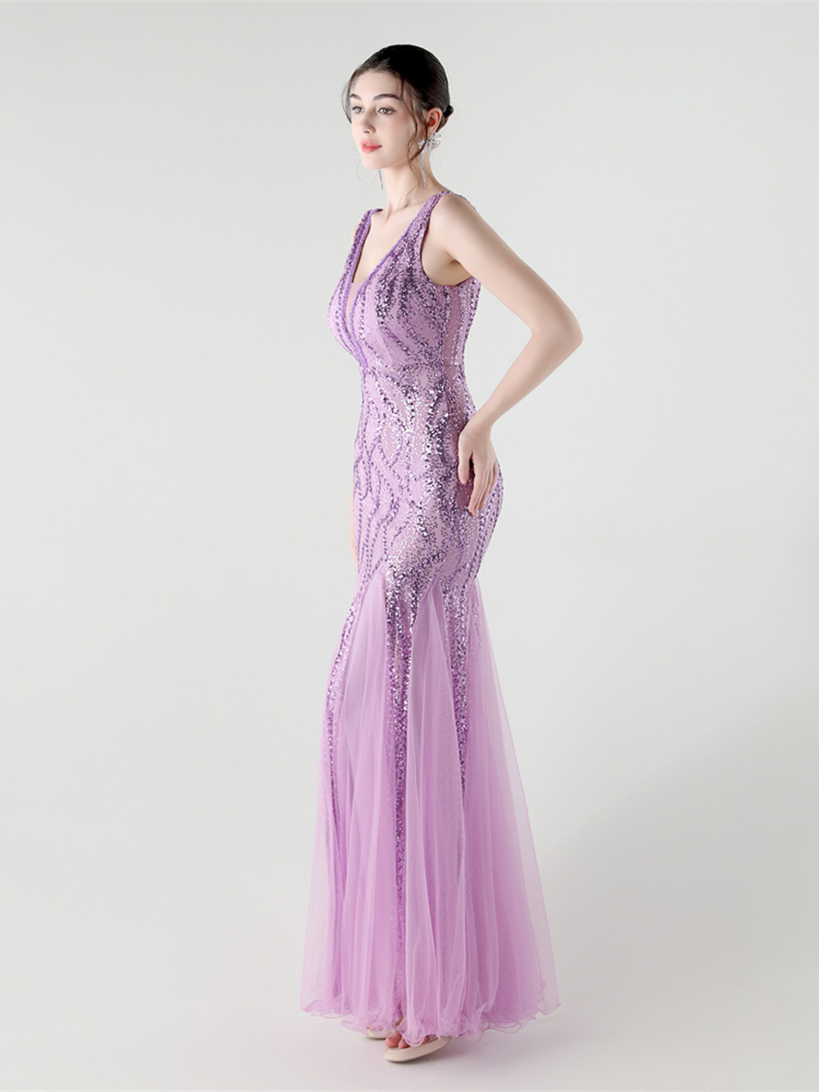 Apricot Sequin Mesh Sleeveless Prom Dress