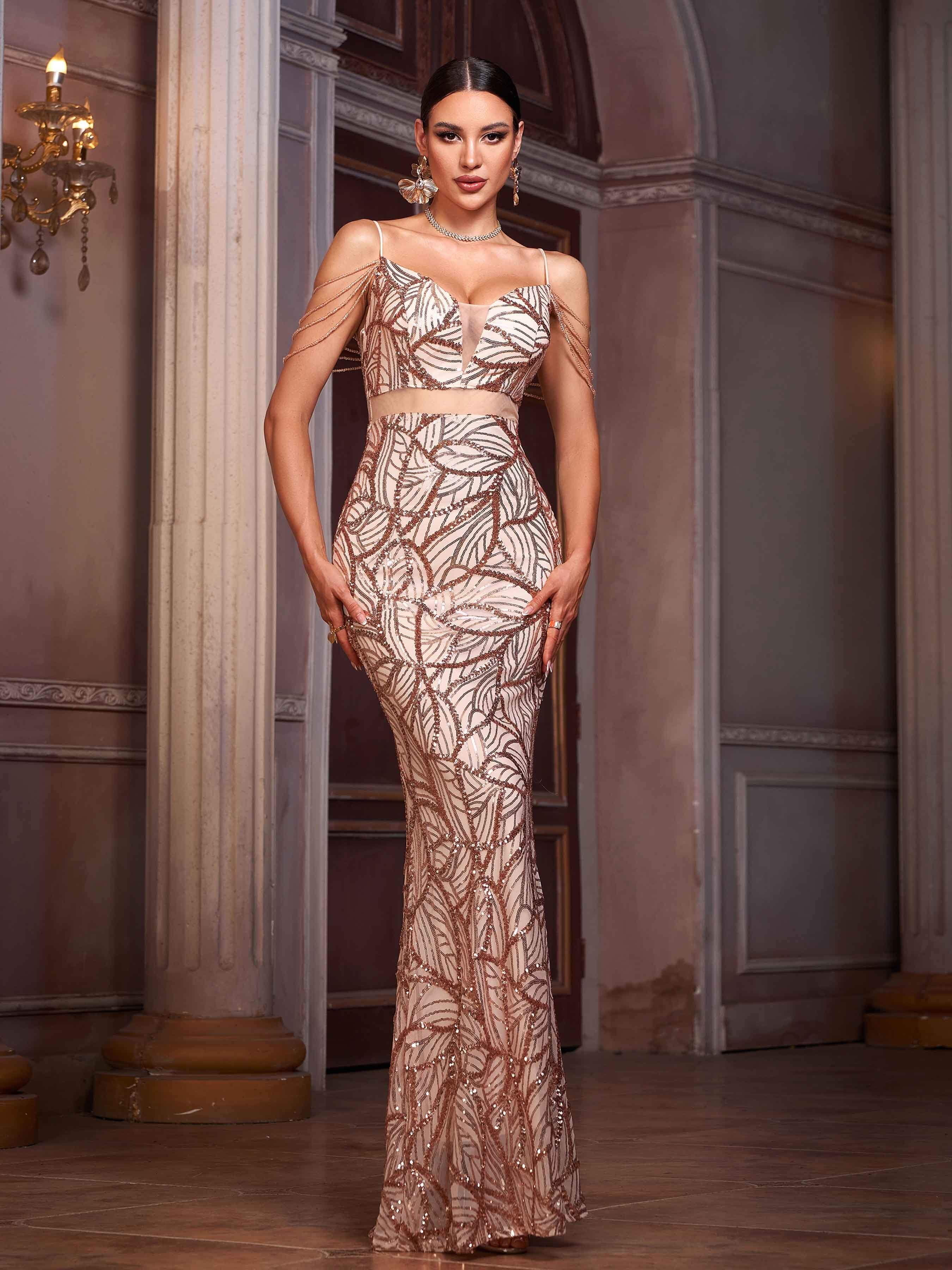 Apricot Sequin Graphic Sexy Cocktail Dress
