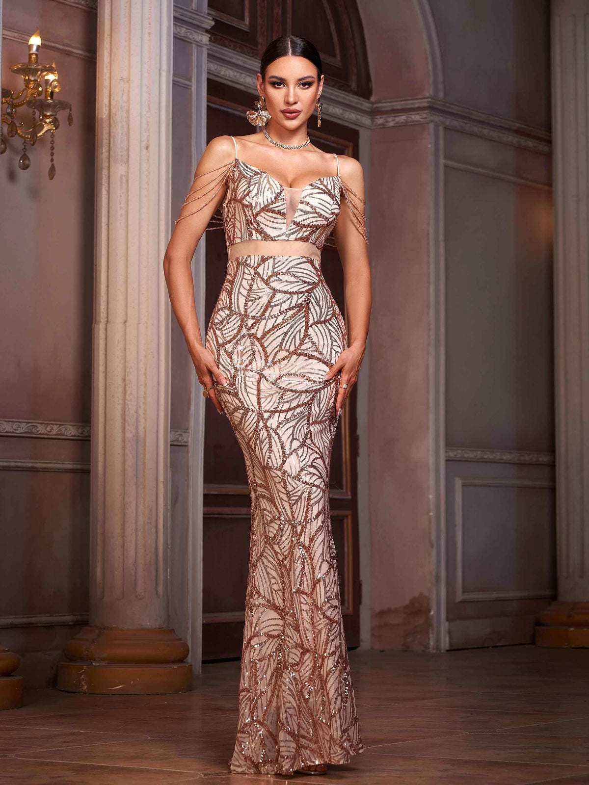 Apricot Sequin Graphic Sexy Cocktail Dress