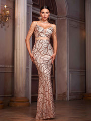 Apricot Sequin Graphic Sexy Cocktail Dress