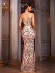 Apricot Sequin Graphic Sexy Cocktail Dress