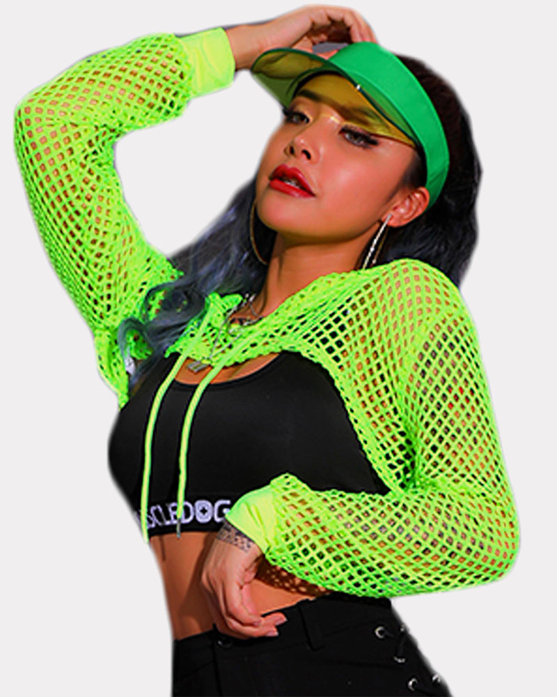 Mesh Hoodie Crop Top Fishnet Shirt