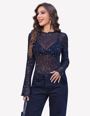 Mesh Tops Long Bell Sleeve Blouses