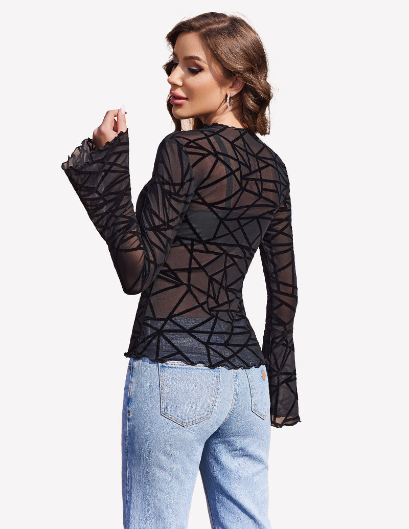 Mesh Tops Long Bell Sleeve Blouses